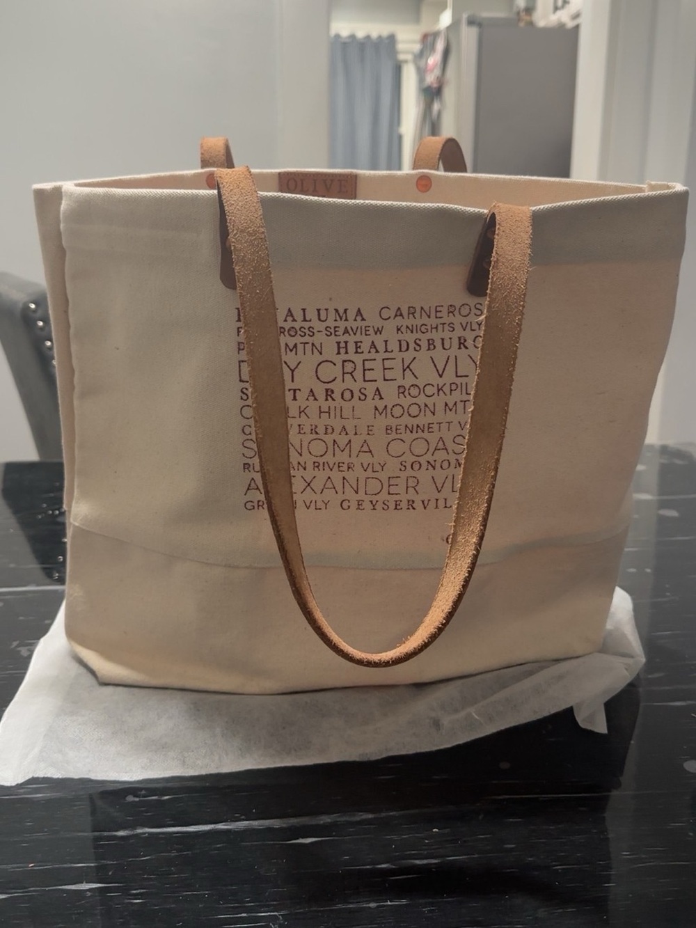 Canvas Tote with Brown Leather Straps and Printed Front -